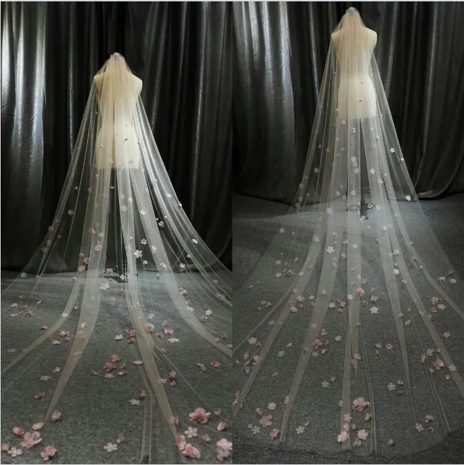 الزفاف الزهور الوردي مصنوعة مخصصة طبقة واحدة من الزفاف الزفاف Veu de Noiva Wedding Veil