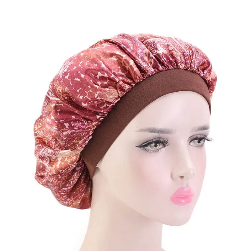 Dames Amoeba Night Sleep Cap Satijn Elastische Wide-Branden Chemotherapie Haarverzorging Hoed Mode Bonnet Beanie Polyester Afdrukken