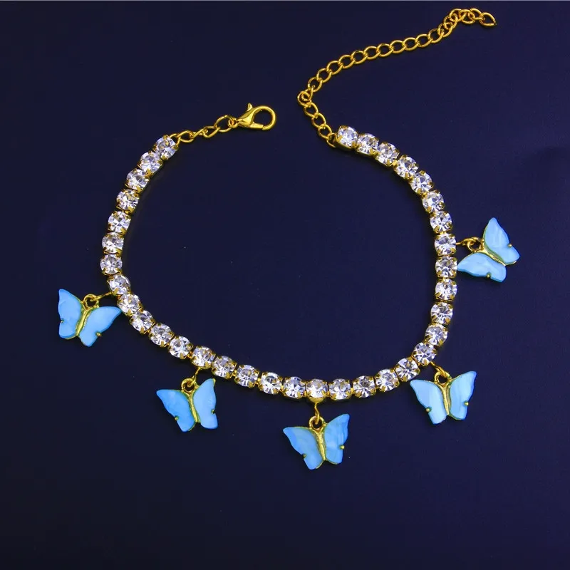 Tennis Chain Anklets Sterling Silver Butterfly Leg Bracelet Charm Rhinestone Beach Jewelry