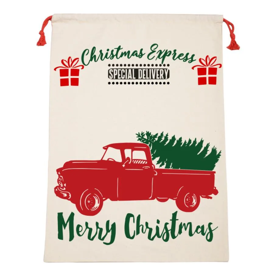 Large Christmas XMAS Hessian Santa Sack Stocking Drawstring Bags Reindeer Pin Tree Children Jute Gifts Bag Storage Holiday Decor