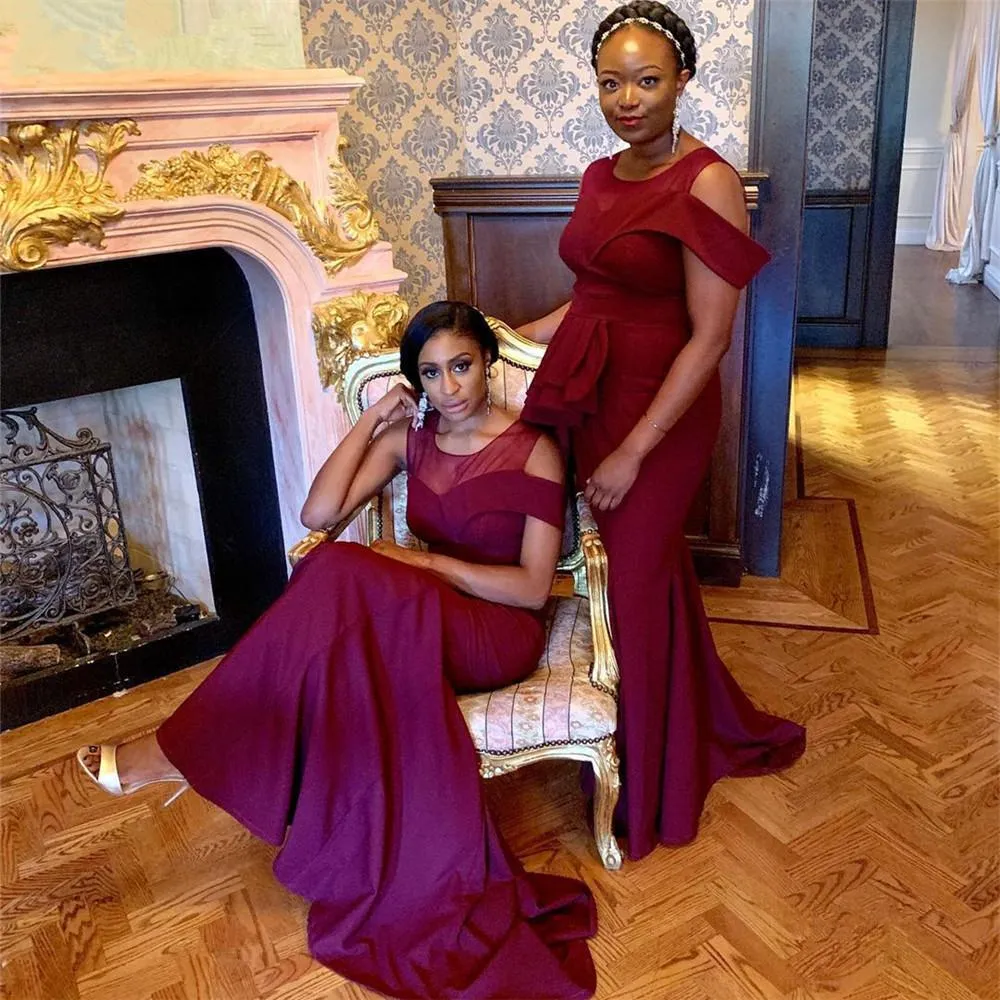 Robes de demoiselle d'honneur bordeaux à col transparent avec péplum, robe d'invité de mariage asymétrique épaule dénudée, fermeture éclair au dos, longues robes de demoiselle d'honneur, 2021