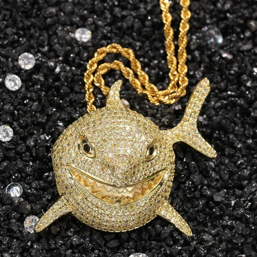 Mode rapper sieraden geschenken hiphop heren bling dier haai ketting hanger volledige diamant 18 k goud kubieke zirconia iced out voor mannen jongens