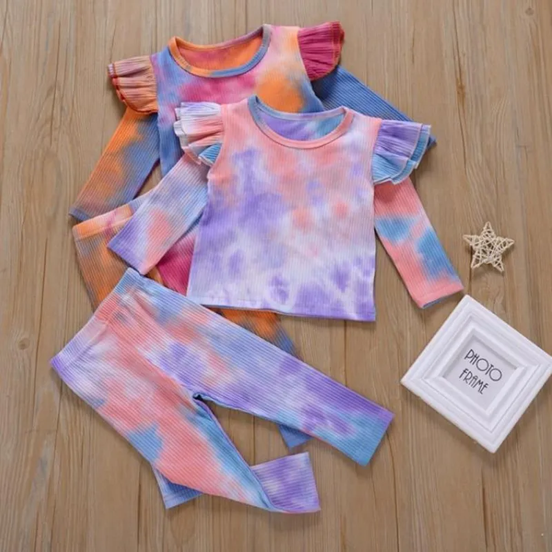 Ropa de bebé niña Tie Dye Girls Tops pantalones 2 uds conjuntos de manga voladora trajes para niños pequeños Boutique bebé ropa de casa 2 colores DW5900