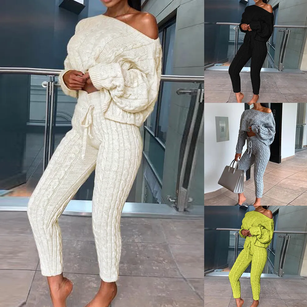 Save Big on Bulk Women's Sweater Sets Women's Solid Cable Knitted Off Shoulder Loungewear Set For Cozy Autumn And Winter Best Deals on DHgate