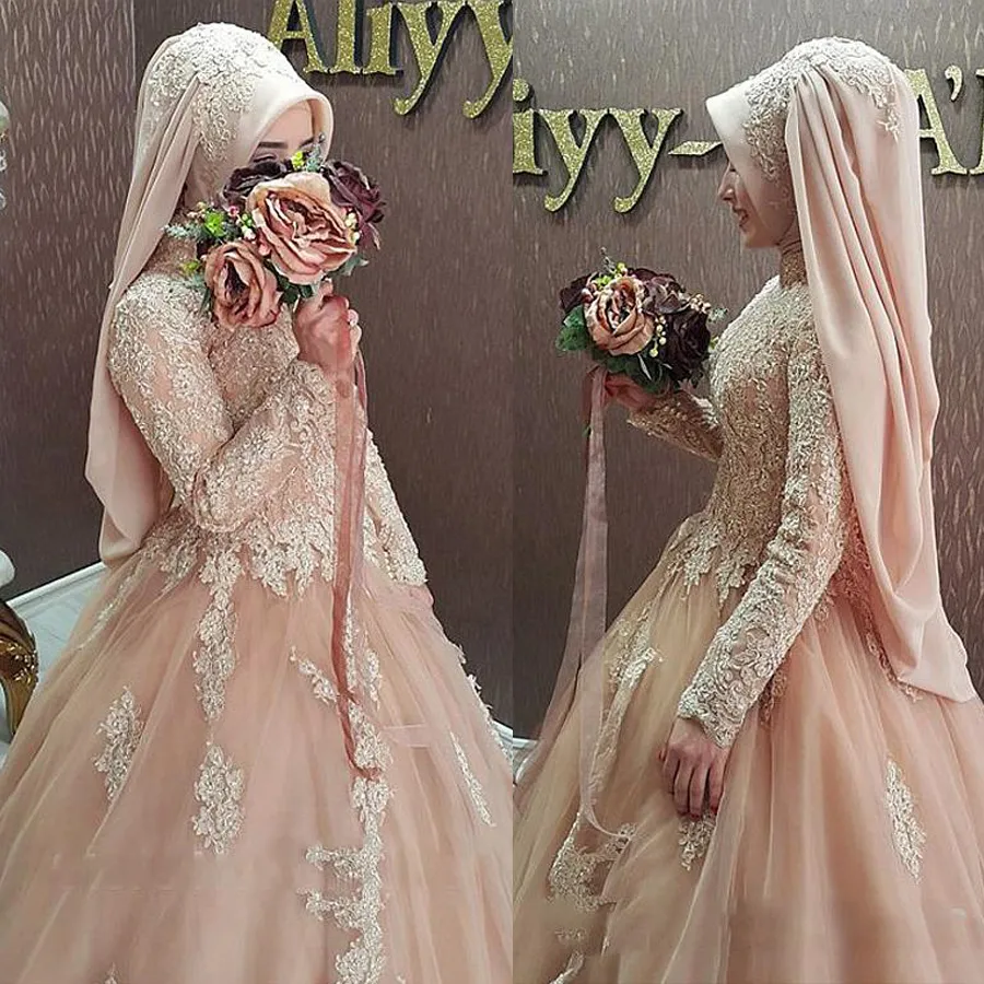 2021 modesto abito da ballo rosa abiti da sposa musulmani con maniche lunghe hijab arabo islamico abito da sposa in pizzo abiti da sposa abiti da sposa