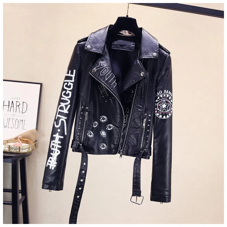 Topkwaliteit Originele Design Dames Damesklinknagels Gedrukt Lederen Jas Blazer Nieuwe Punk DJ Leren Korte Jas Motorfiets Jas