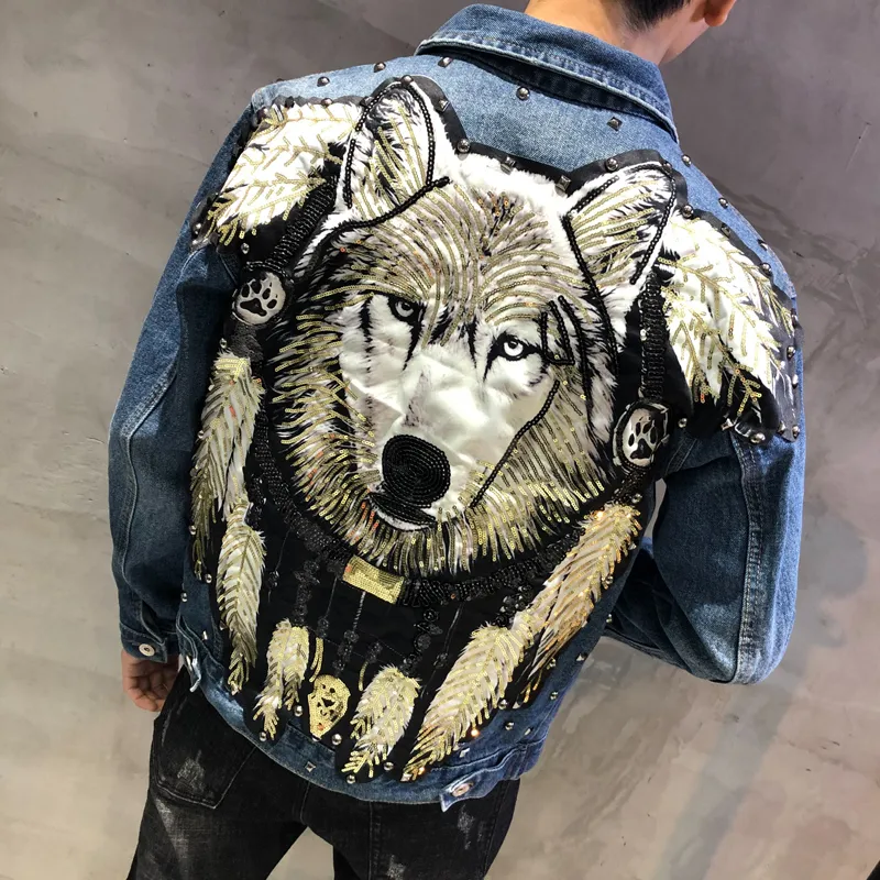 Men s Punk Style Embroidered Rivet Denim Jacket in Dark Blue