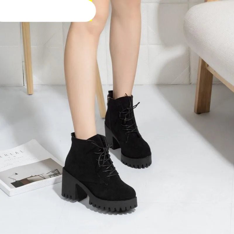 2020 Winter Womens Black Lace Up Ladies Block Heel Boots With High