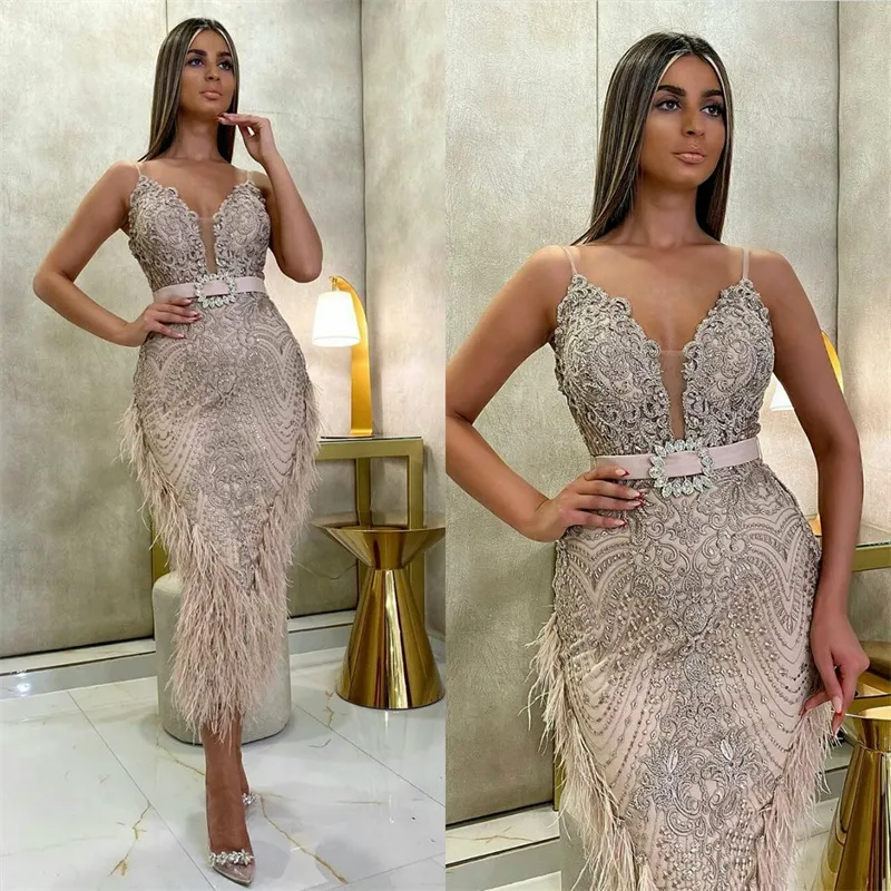 Luxury Prom Dresses Sexy Spaghetti Sleeveless Appliqued Lace Beaded Feather Homecoming Dress Ankle Length Custom Made Formal Evening Dress