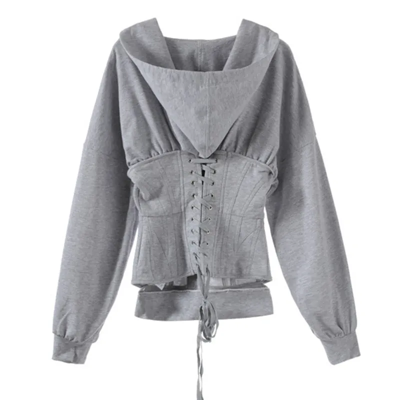 Women Corset Hoodies Lace Up Spring Autumn High Waist Tunic Hoodie Sweatshirt Tracksuit High Street 200922