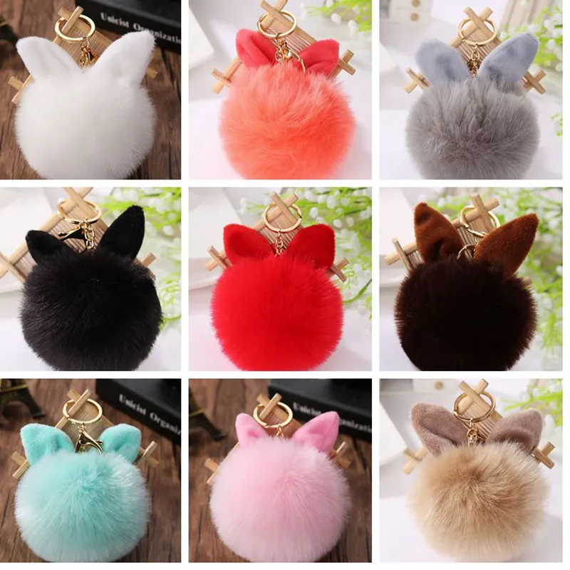 Fofo Fur PomPom Fur bola KeyChain dança bolsa pingente bonito orelha de coelho chaveiro cadeia KKA8093