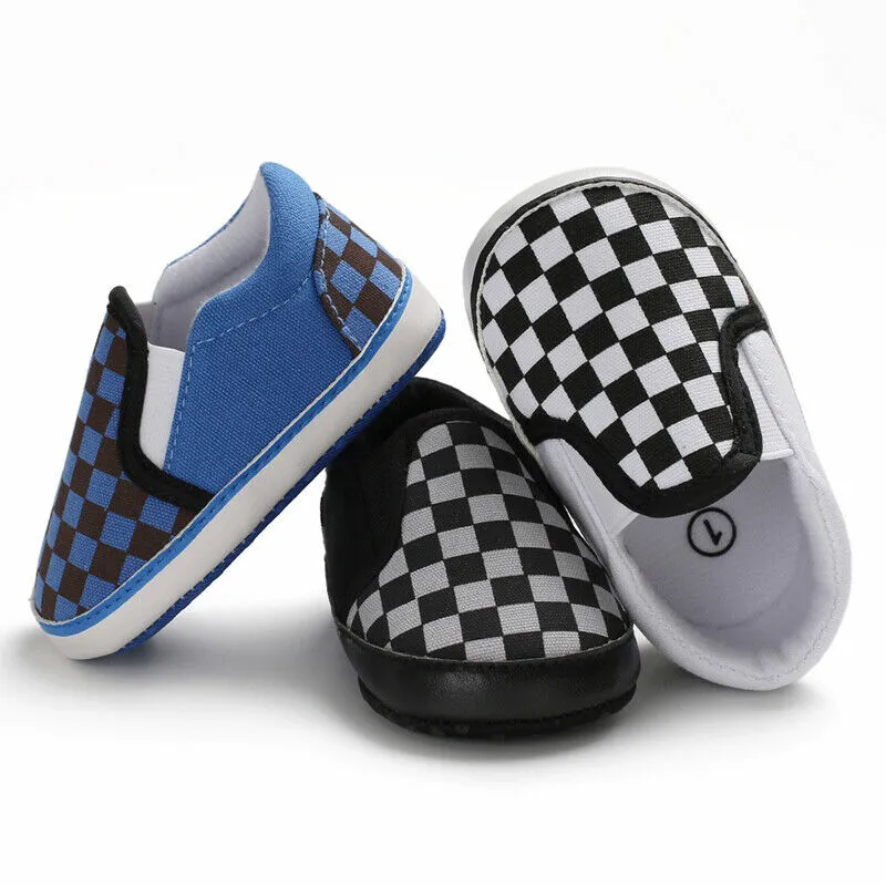 Pudcoco حديثي الولادة Baby Boy Girl Crib Plaid Print Shoes Canvas pram Shoes Prewalker Anti Slip Slip Soft Sole Sneaker