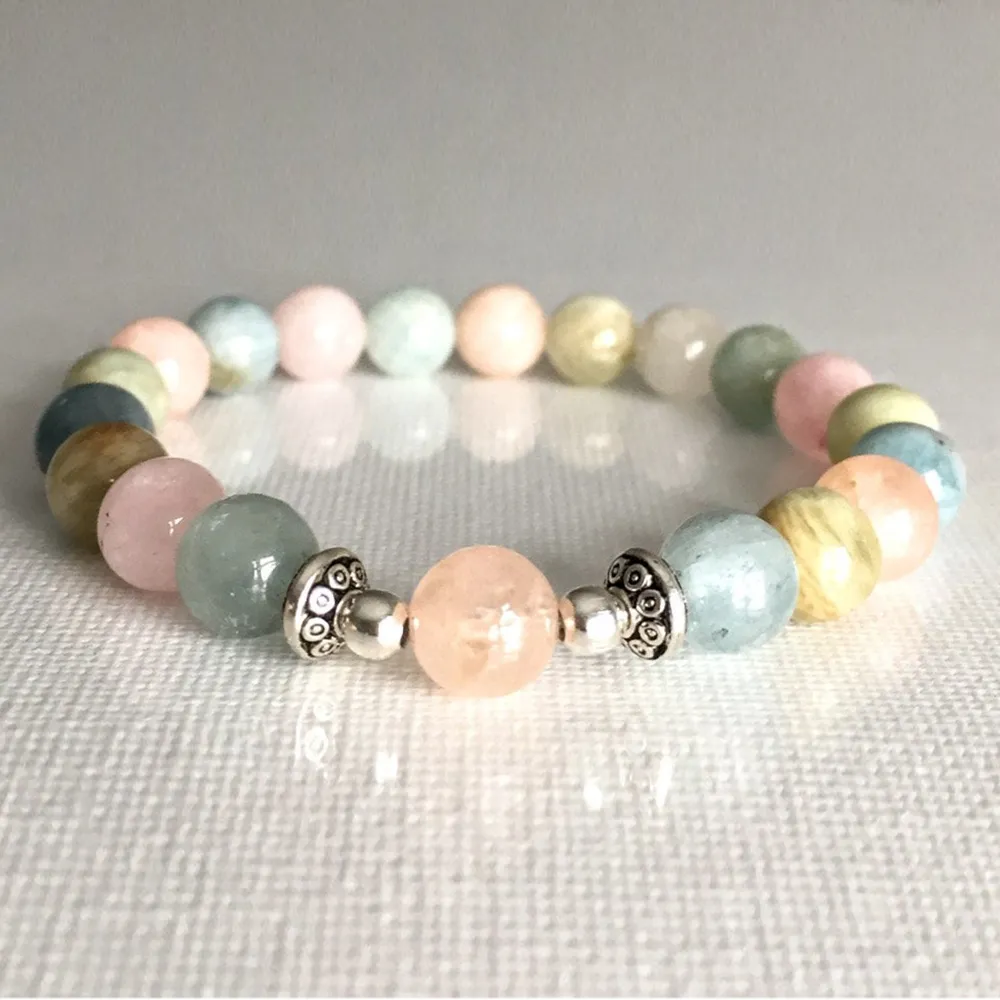 MG0817 8 mm Genuine Morganite Bracelet Heart Chakra Lucky Bracelet for Women Healing Gemstome Dainty Yoga Mala Bracelet