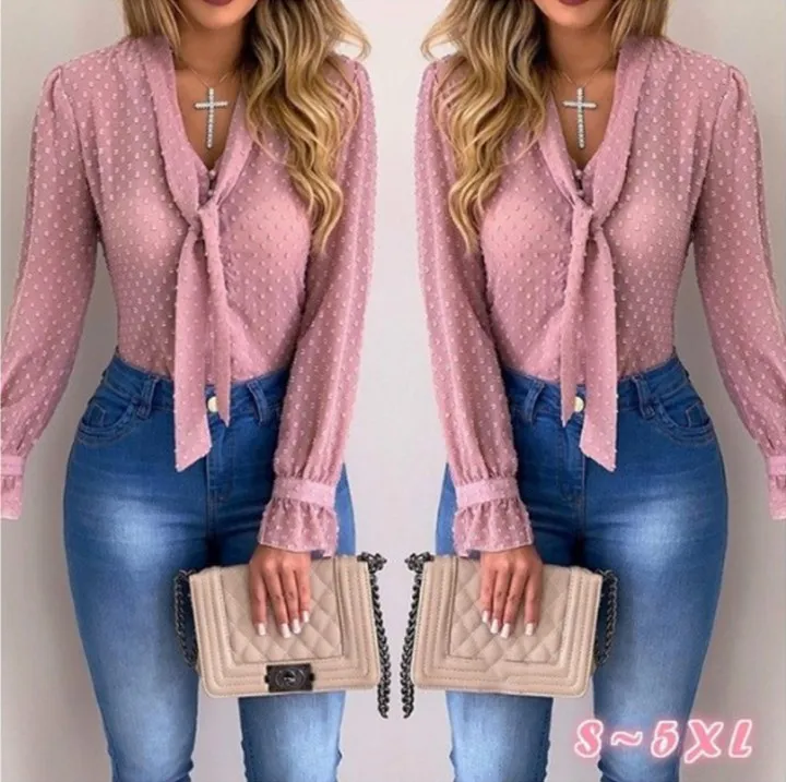 Fashion-Women Blouses Fashion Long Sleeve V-neck Pink Shirt Chiffon Office Blouse Slim Casual Tops Plus Size S-5XL320x