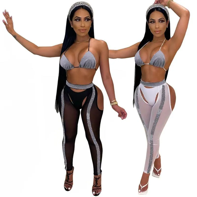 2020 New Women Sexy 3 Piece Set Shinny Bra Top + Briefs + Cutout Sheer Mesh Pencil Pants Night Club Suits Party Clothing