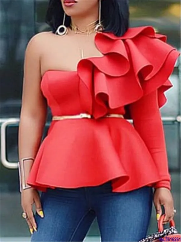 Vrouwen blouse tops shirts een schouder sexy peplum ruches slank feestkleding 2020 zomer nieuwe mode elegante dames wit rode bluas