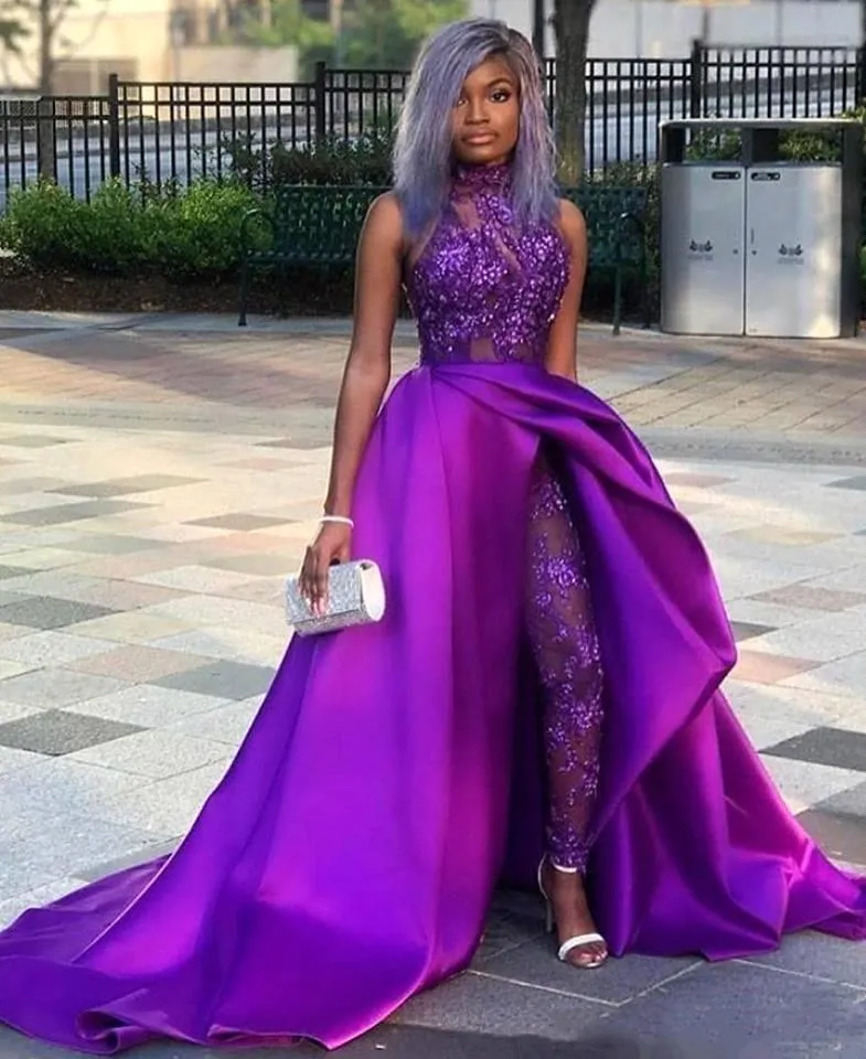 Chic African Women Jumpsuits Prom Dresses With Detachable Train High Neck Lace Appliques Beads Evening Gowns Pant Suits Party Dress Vestidos 2022