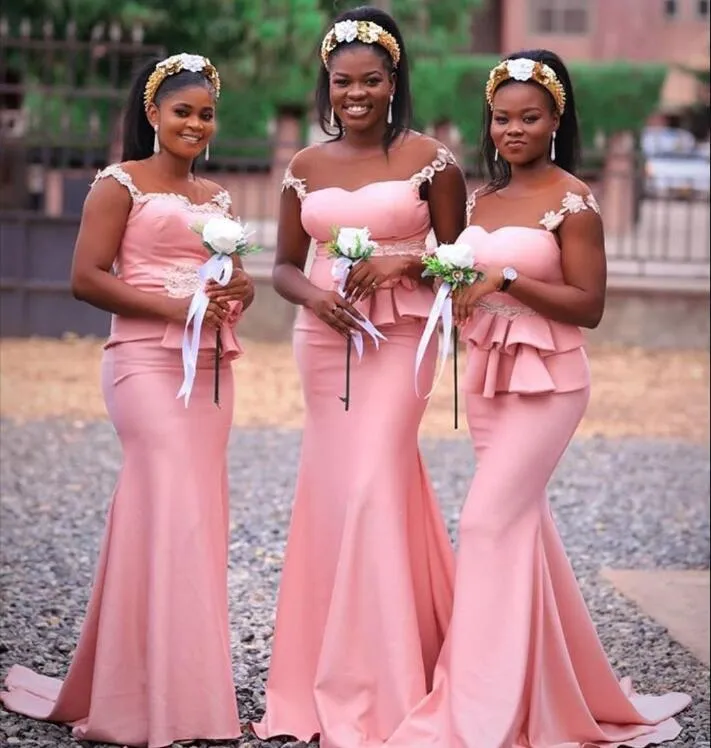 Coral Bridesmaid Dresses Mermaid Straps Peplum Lace Applique Sweep Train Satin Maid Of Honor Gown African Country Wedding Formal Wear 403 403