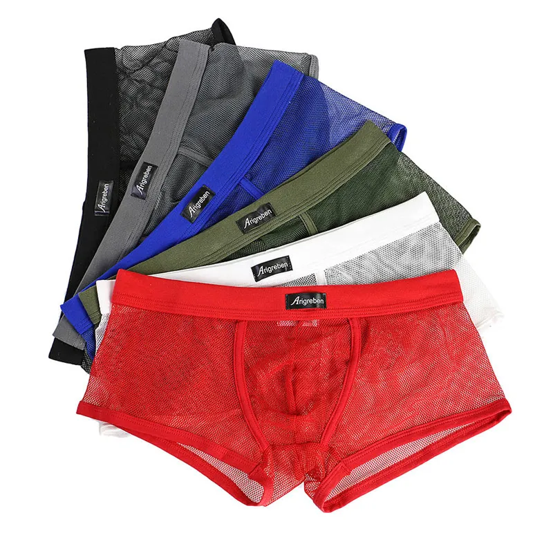 Homens Sexy Underwear letra impressa Gay Boxer Shorts respirável macio e confortável malha ver através Bulge Pouch Cuecas