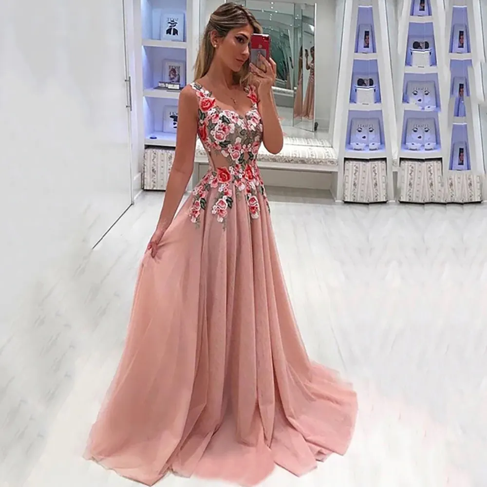 Pink Evening Dresses A-Line Sleeveless Appliques Flowers Cut-Out Special Occasion Party Dress Sweetheart Neck Vestido De Fiesta