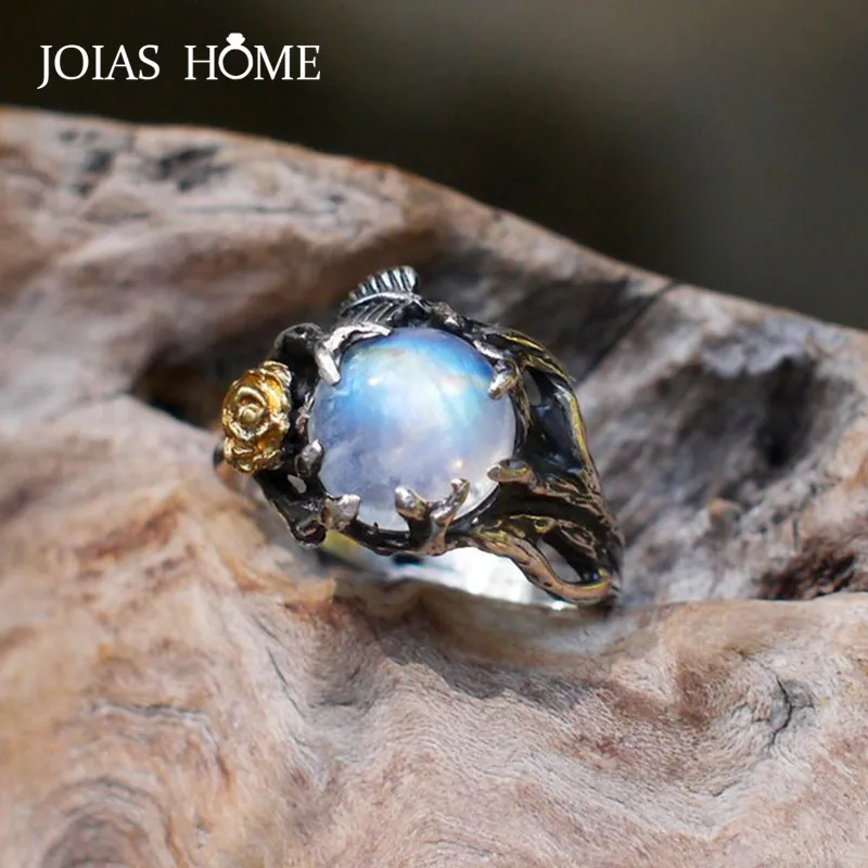 Anillo de plata de ley 925 para mujer de JoiasHome, anillo de separación de oro rosa vintage, hoja de árbol, piedra lunar natural, regalo de joyería de plata tailandesa