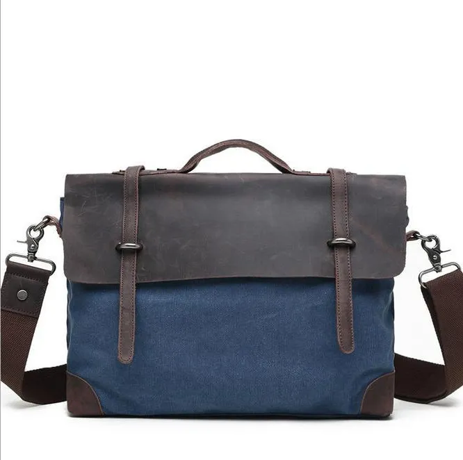 factory sales brand bags of vintage leather mail-bag style leather tie-in canvas mans handbag business vintage shoulder slanting canvas