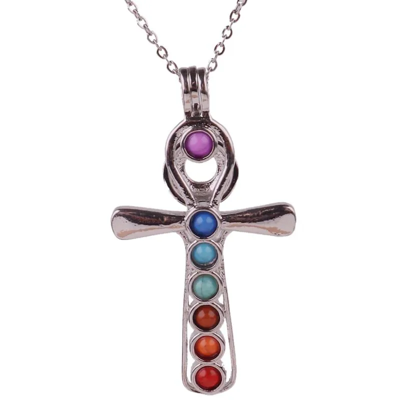 K1696 Lucky Cross Chakra Stones Reiki Point Bead Pearl Cage Arom Essential Oljediffusor Locket Halsband Rostfritt Stålkedja