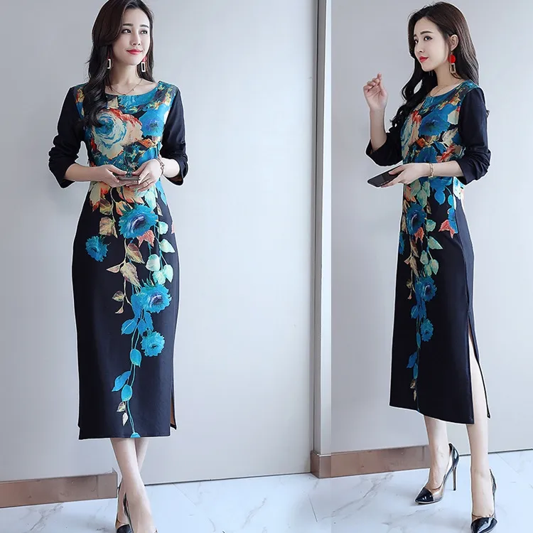 Vente Flash Robe à la mode pour femmes, nouvelle jupe longue, style coréen, grande taille, vêtements imprimés, base mi-longue, slim, 2019
