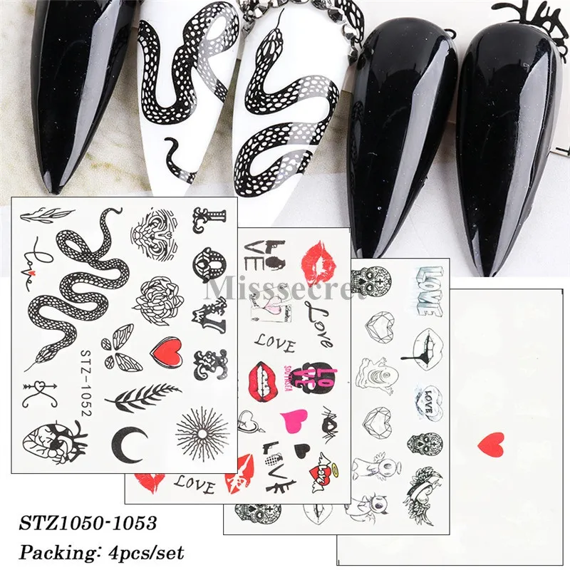 Nouveau 4 pcs Noir Serpent Nail Art Autocollant Sexy Lèvres Eau Transfert Curseur Stickers Lettre Fleur Décoration Astuce Nail Art Décorations DIY