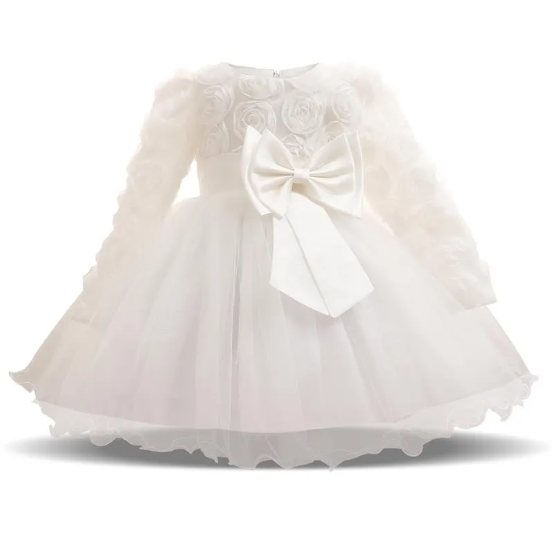 Robes blanches à manches longues pour fille bébé fille vêtements 1 an fête d'anniversaire enfant en bas âge robe de baptême infantile fille robe