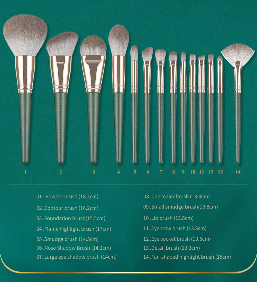 BANFI green hot sale 14 pcs makeup brush sets custom logo Private label for foundation facial cosmetic drop shipping beauty tool