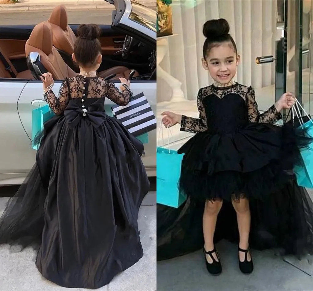 Black Hi Low First Communion Dresses Illusion Lace Long Sleeve High Neck Pearls Rrffle Ball Gowns Evening Dress Kids Pageant Prom Gowns Teen