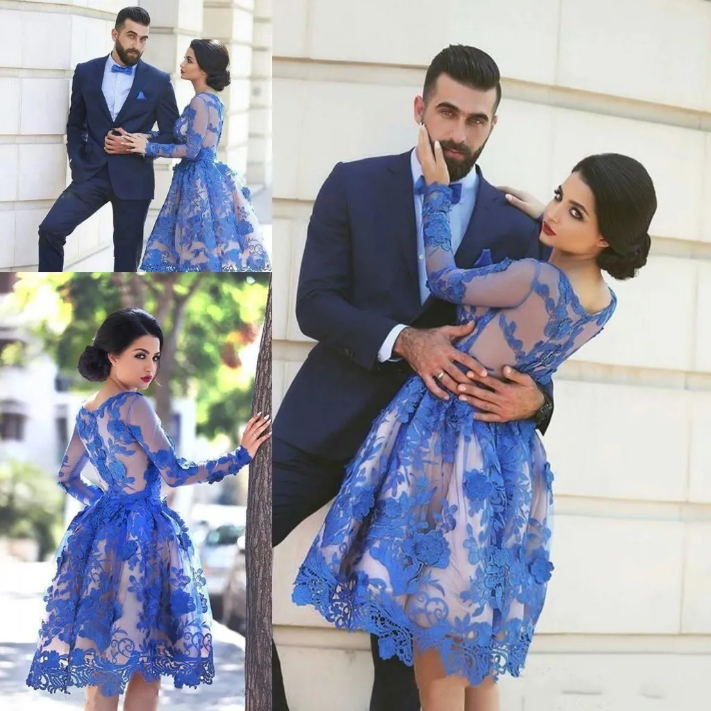 Royal Blue Suknie Wieczorowe Długie Rękawy Kolana Długość 3D Kwiatowe Aplikacje 2021 Klejnot Neck Prom Sukienka Homecoming Sukienka Vestido de Festa