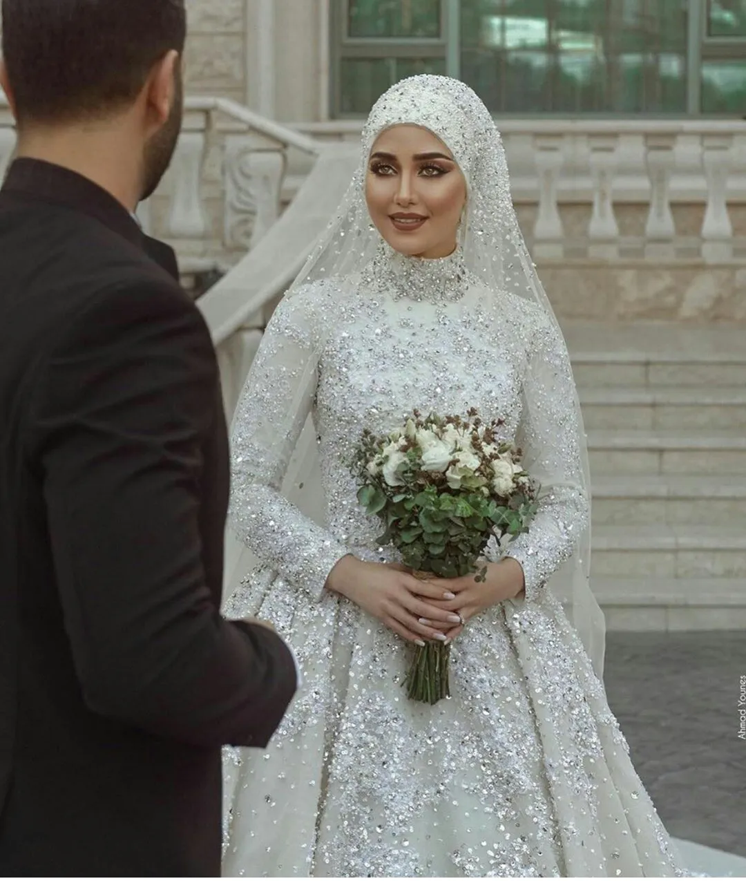 Glanzende Lovertjes Moslim Trouwjurken Met Hijab 2021 Kristal Plus Size Bruidsjurken Midden-oosten Luxe vestido de novia2938115