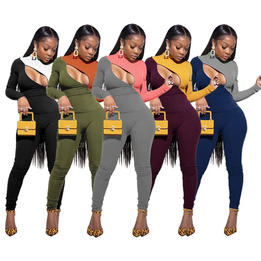 Plus size 2X Women fall winte knitted outfits long sleeve sweatshirt+pants contrast two piece set strethy tracksuits casual sportswear 3774