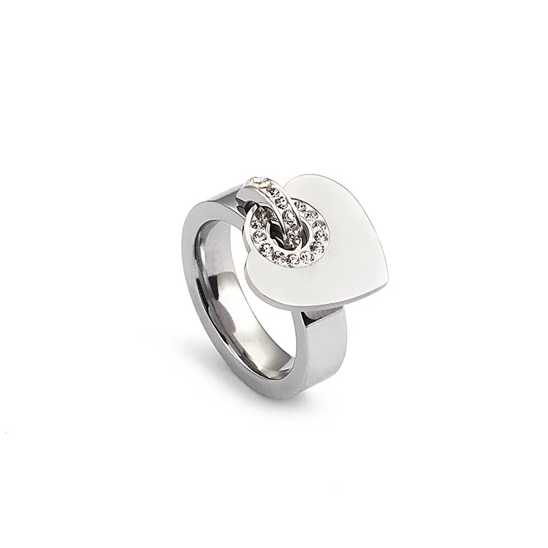Kvinnliga smycken rostfritt band silver guld rosringar med Rhinstone Heart charms fingerring för dam i full storlek 6 7 8 9265g