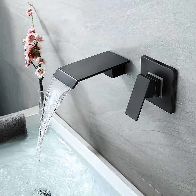 Basin Waterfall Faucet Mixer Wall Mounted Black Matte Single Handle In-Wall Bathroom Sink Faucet 2 Holes Hot & Cold Tap Torneira