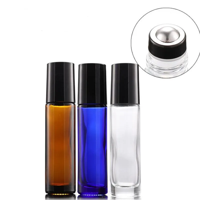 Wyprzedaż grube 10ml szklane rolki na butelkach Amber Blue Clear Puste rolki Butelki perfum z czarnymi pokrywkami Darmowa wysyłka 1000 sztuk / partia LX32