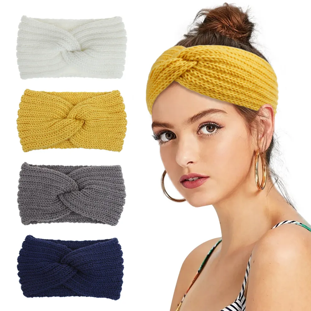 Vrouw wol gebreide hoofdband solide elastische haarband winter haar accessoires ornamenten turban bandage femme hoofddeksels