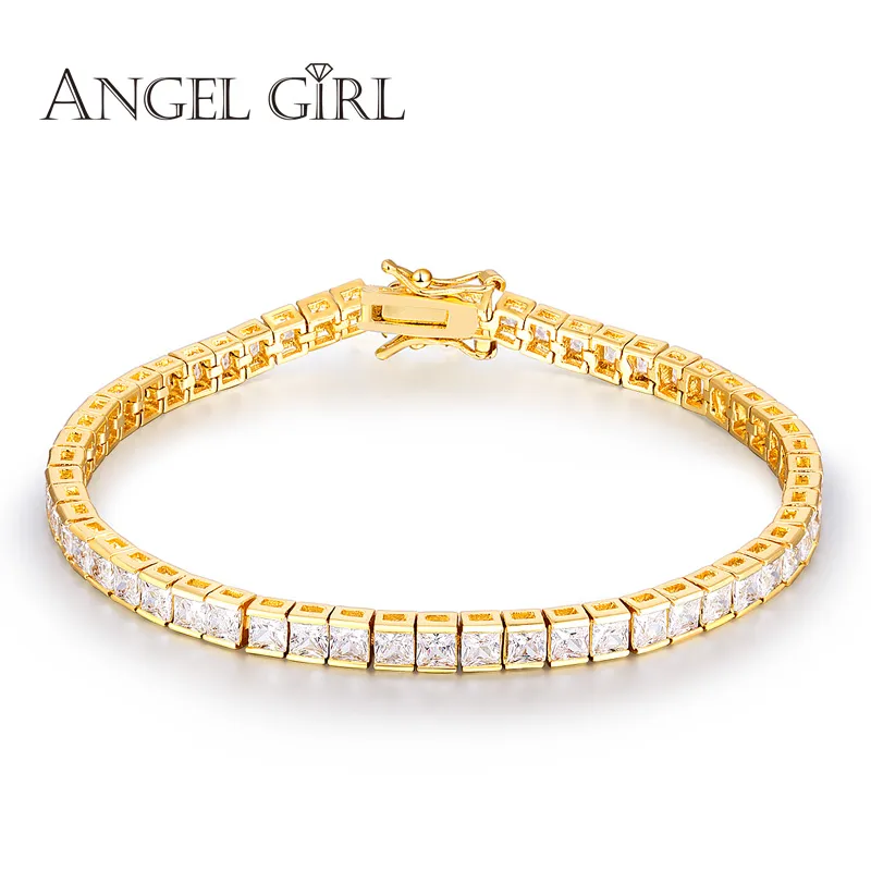 Engelsmädchen + elegante quadratische 4,5 mm CZ-Zirkon-Tennis-Charm-Armbänder, Armreifen, goldfarben, Prinzessinnenschliff, CZ-Hochzeitsschmuck