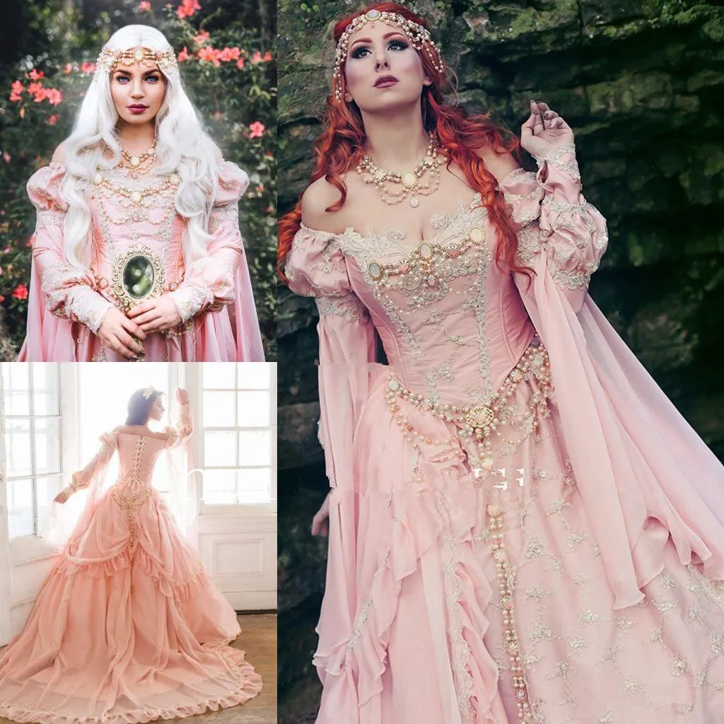 Medeltida rosa bollkakor bröllopsklänningar 2021 Vintage Halloween Off Shoulder Royal Sleeve Lace Pearls Garden Gothic Lace-up Bridal Gowns