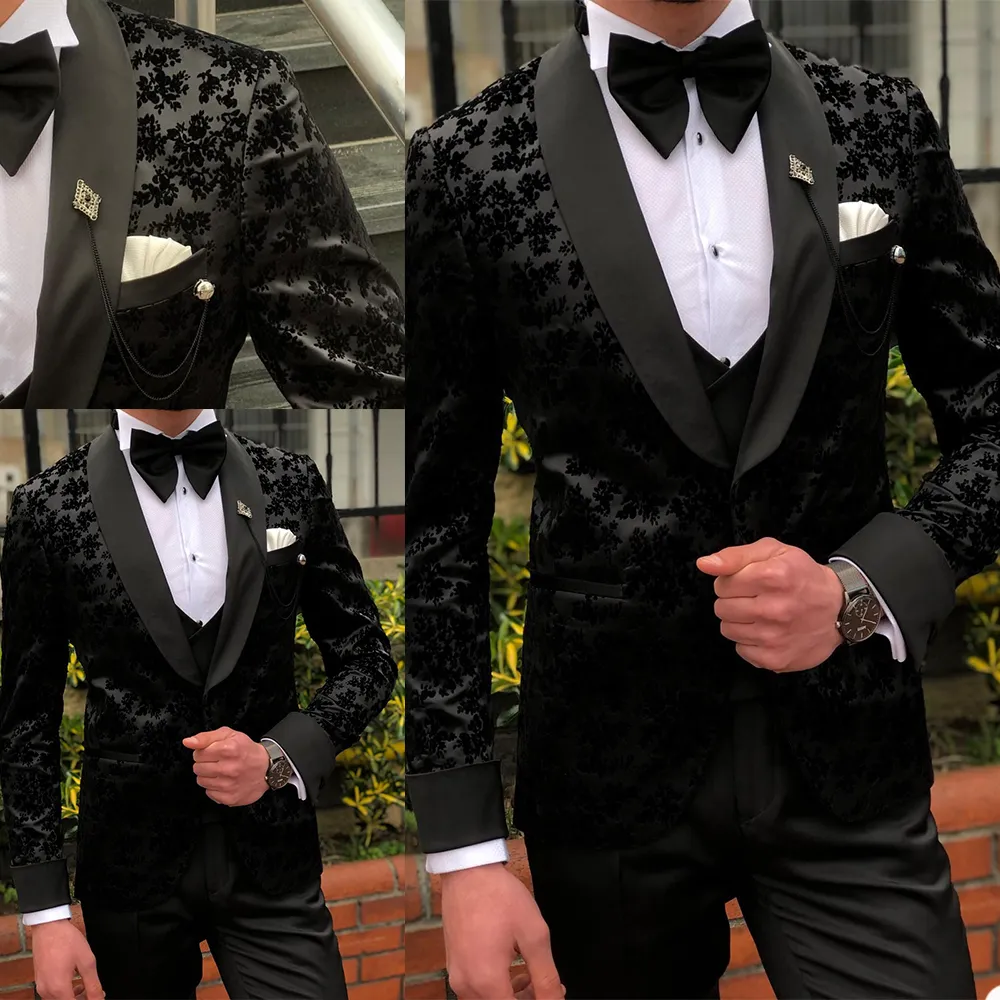 3 datorer Svart Mens Suits Wedding Tuxedos Custom Made Lace Groom Groomsmen kostym Business Formal Wear