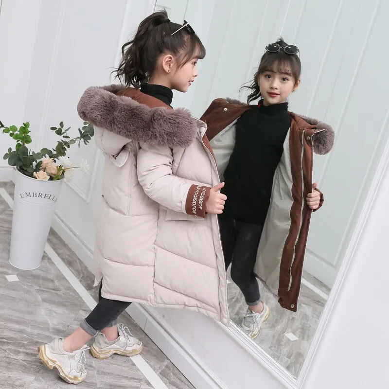 Fashion Children Winter Down Jacket Girl Warm Coats Clothing Kids Thick Parka Big Fur Collar Hooded Long Coats Outerwear 4-14Y T200915