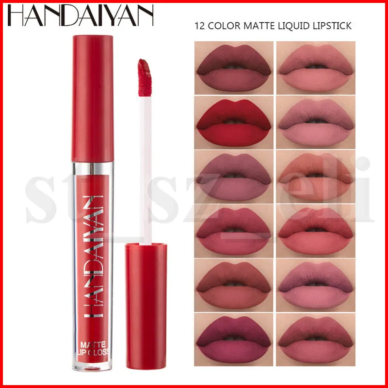 Handaiyan Matte Lipstick líquido impermeável Lipgloss suaves Lips Sexy Makeup Matte Natural Nude cores Lip Gloss 12 cores