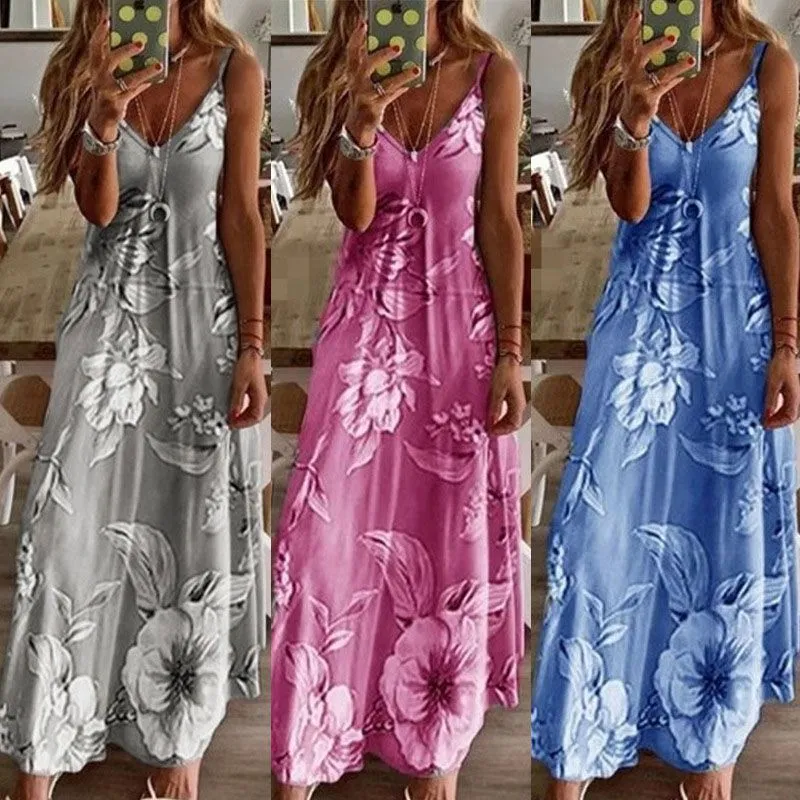 2025 Women's Boho Floral Maxi Dress – Smocked Waist, Tiered Ruffle, Pockets – Sleeveless Beach Dress