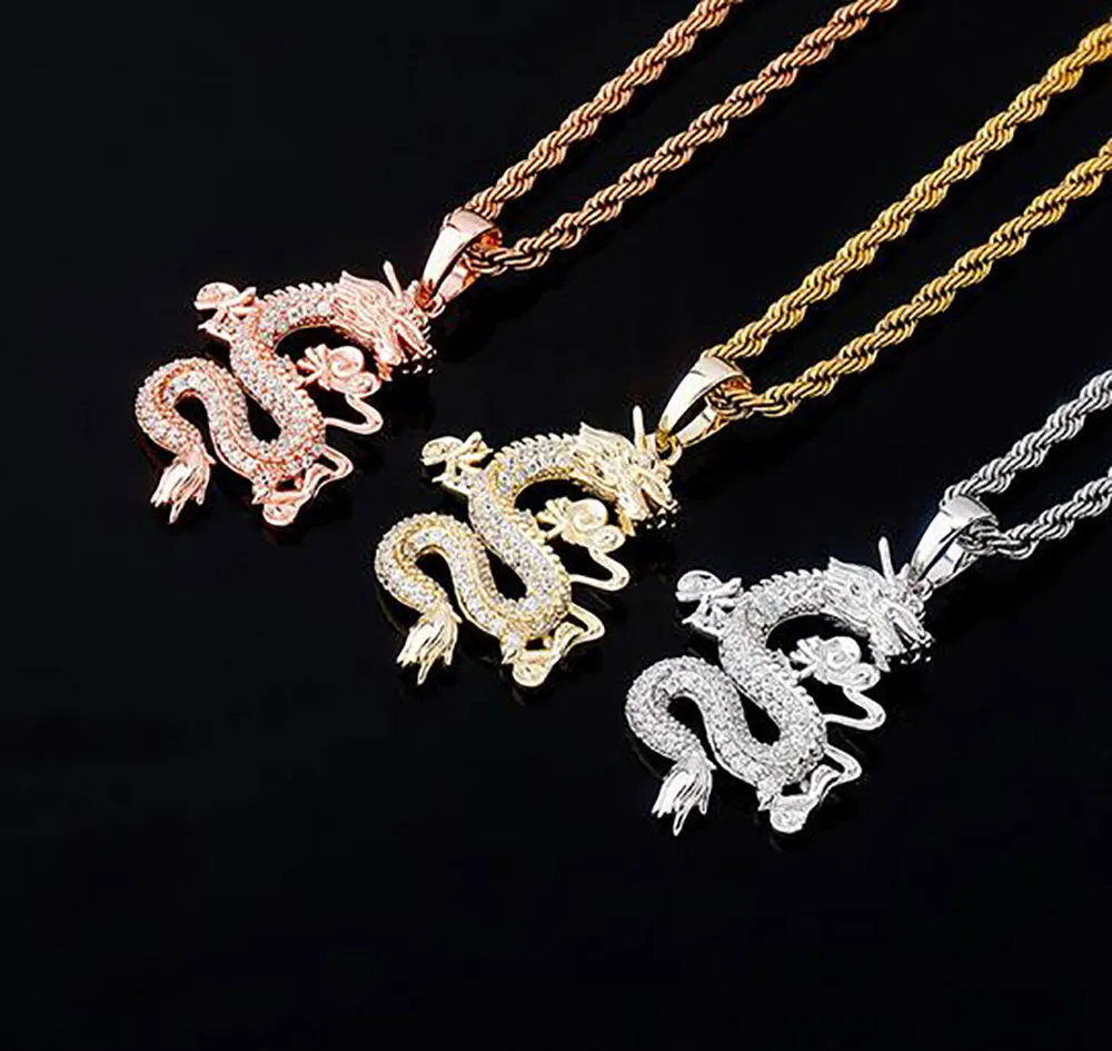 14K Guld Iced Out Chinese Dragon Pendant Halsband CZ Bling Pendant Mens Hip Hop Micro Pave Cubic Zirconia Simulated Diamonds238T