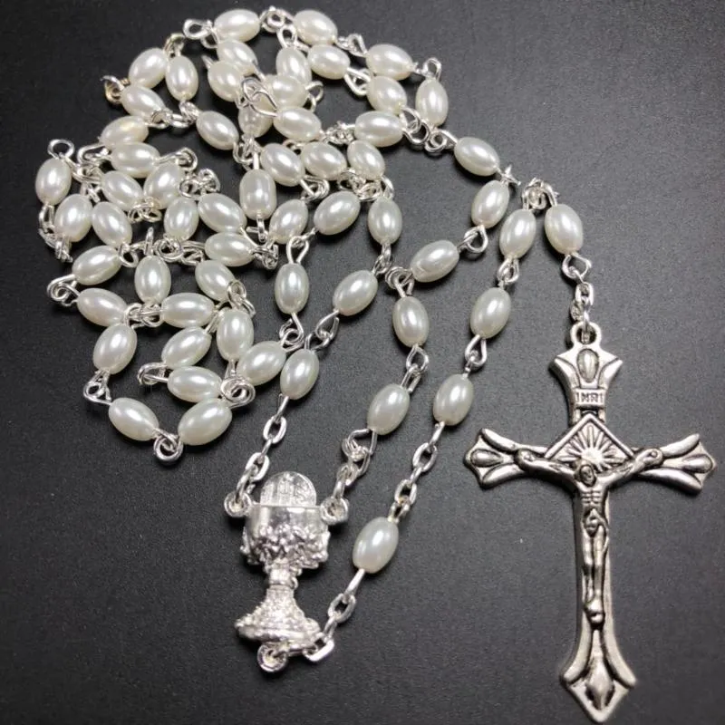 Pendant Necklaces 10pcs/set White 6*4mm Glass Pear Rosary Oval Bead Catholic Rosario Cute Pearl Necklace Chalice Center