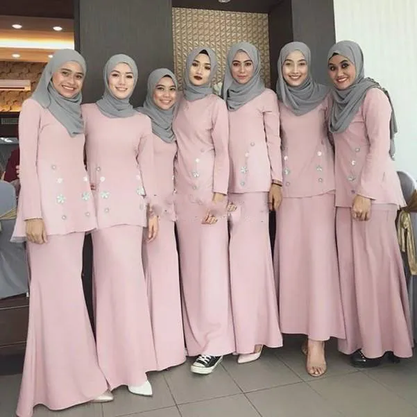 Pink Muslim Mermaid Bridesmaid Dresses 2021 O Neck Long Sleeve Floor Length Garden Wedding Guest Party Gowns Maid of Honor Dress