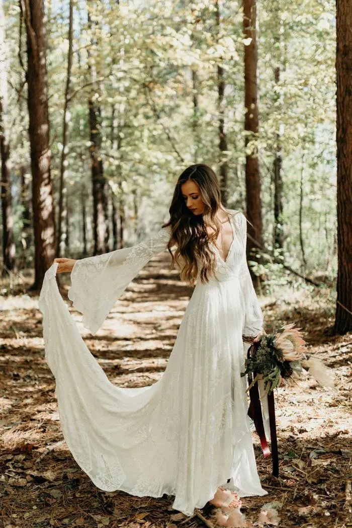 Bohemian Lace A-Line boho Beach wedding dress with V-Neck and Long Sleeves, Sweep Train - Plus Size Bridal Gown