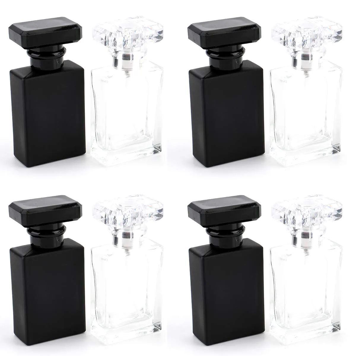 30ml / 1 oz. Refillable Perfume Bottle, Square Empty Glass Perfume Atomizer Bottle with Spray Applicator, Transparent and Black Assorted